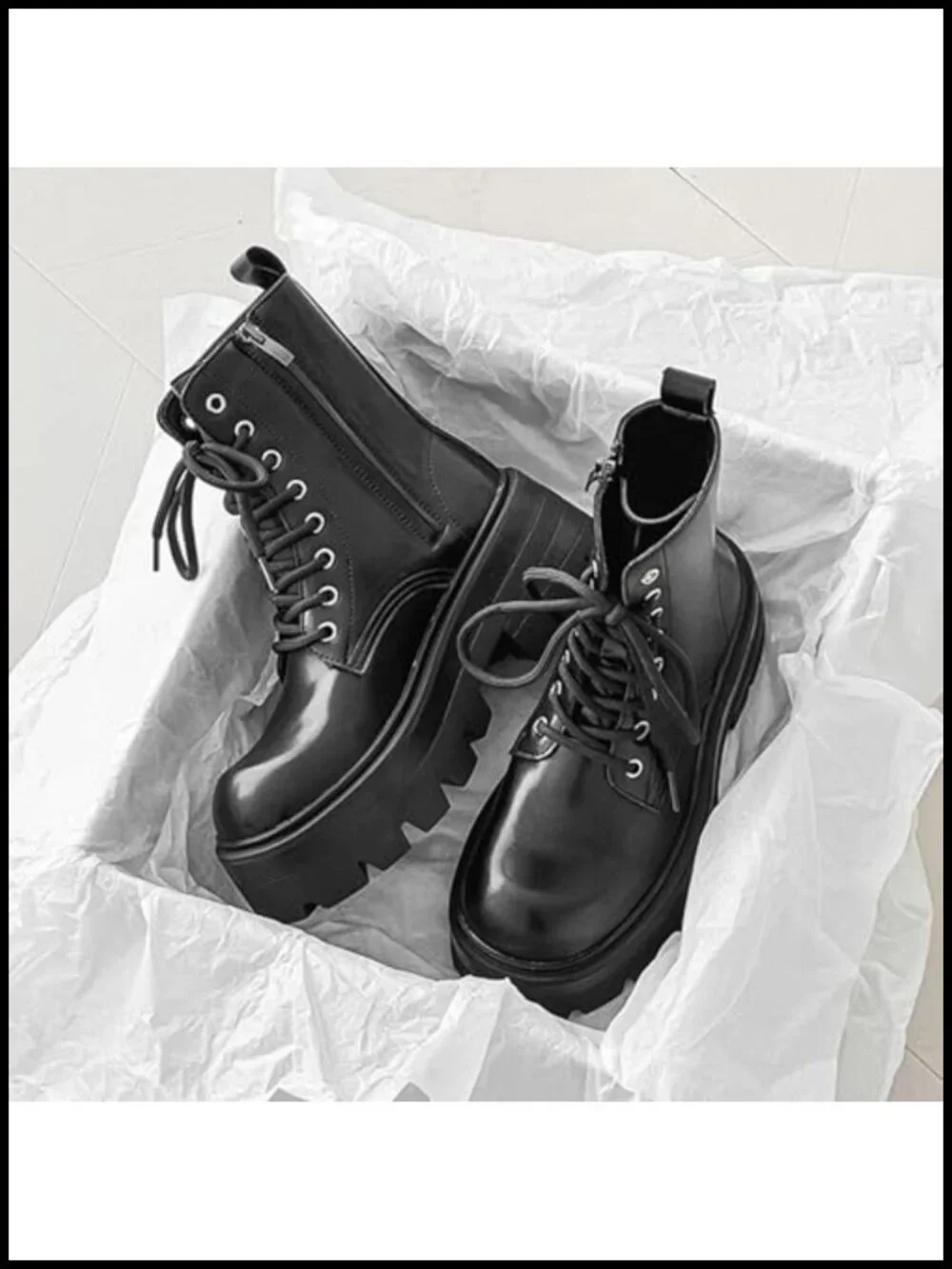 Men's Black Leather Lace-up Platform Combat Boots Side Zipper Chunky Heel Lug